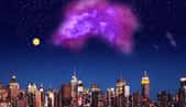 Vue d'artiste de ce à quoi ressemblerait le nuage moléculaire d'Eos dans le ciel s'il était visible à l'œil nu. Image composite. © NatureLifePhoto, Flickr (New York City Skyline), Burkhart et al., 2025